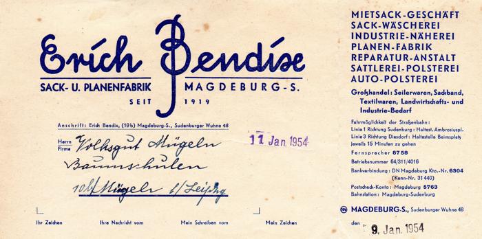 Briefkopf Erich Bendix 1954