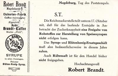 Informationspostkarte für Robert Brands Kundschaft 1916