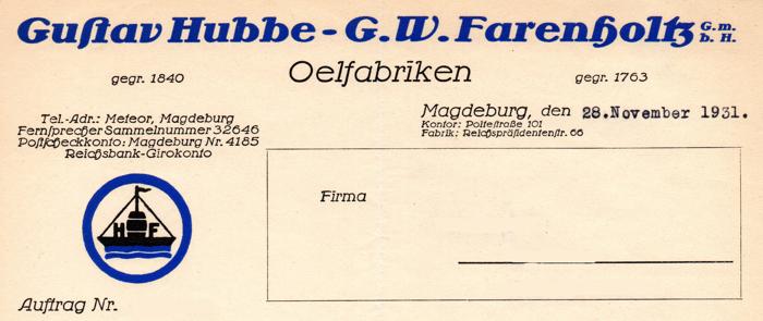 Briefkopf Hubbe & Farenholtz von 1931