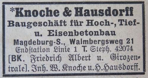 Eintrag Knoche & Hausdorff im Magdeburger Adressbuch von 1927