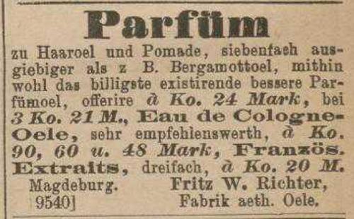 Werbeanzeige fü Parfüm der Firma Richter von 1876